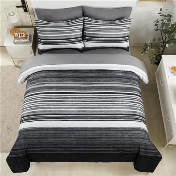 7 Piece Bed in a Bag Stripe Comforter Set Queen Size, White Grey Black Patchwork - Picture 3 of 7
